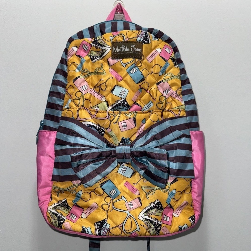 Matilda Jane Girls Quilted School Print‎ Backpack Yellow Pink Striped Bow 25312A